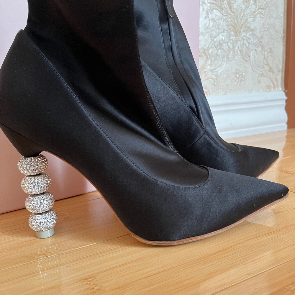 Sophia Webster Black Satin  Crystal Embellished Heel Boots